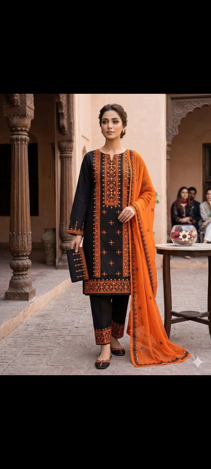 Ladies Black Embroidered lawn cotton sute 3 PIECE Traditional shalwar kameez Dupatta Fancy sute(unstitched)